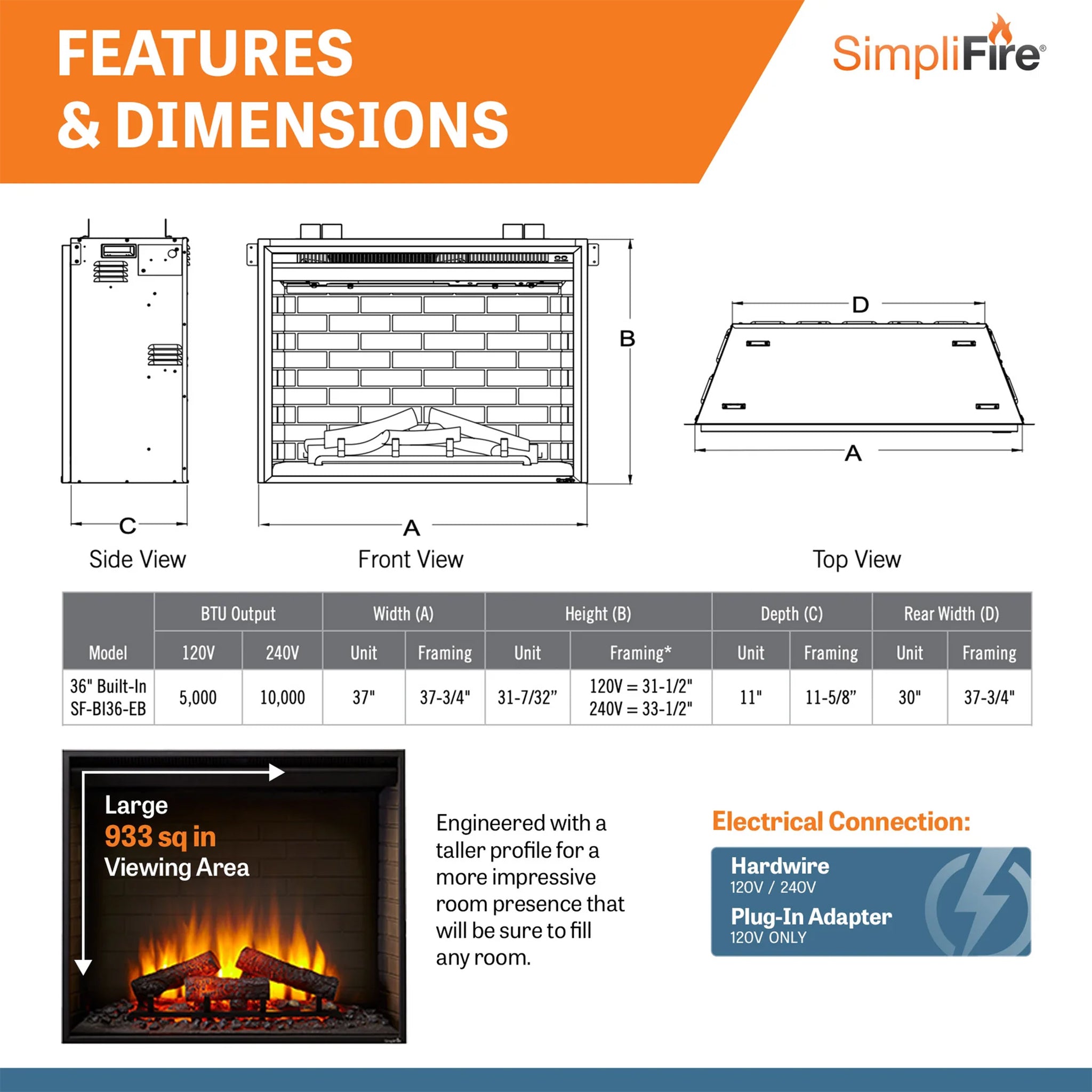SimpliFire 36-In Built-In Electric Fireplace